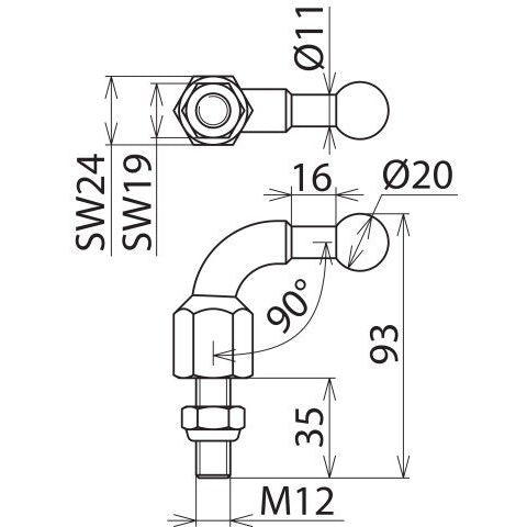 DEHN - Festpunkt für EuK-Vorrichtung Kugelfestpunkt KFP 20 W90 M12 35SSM D 20mm 90Grad abgew