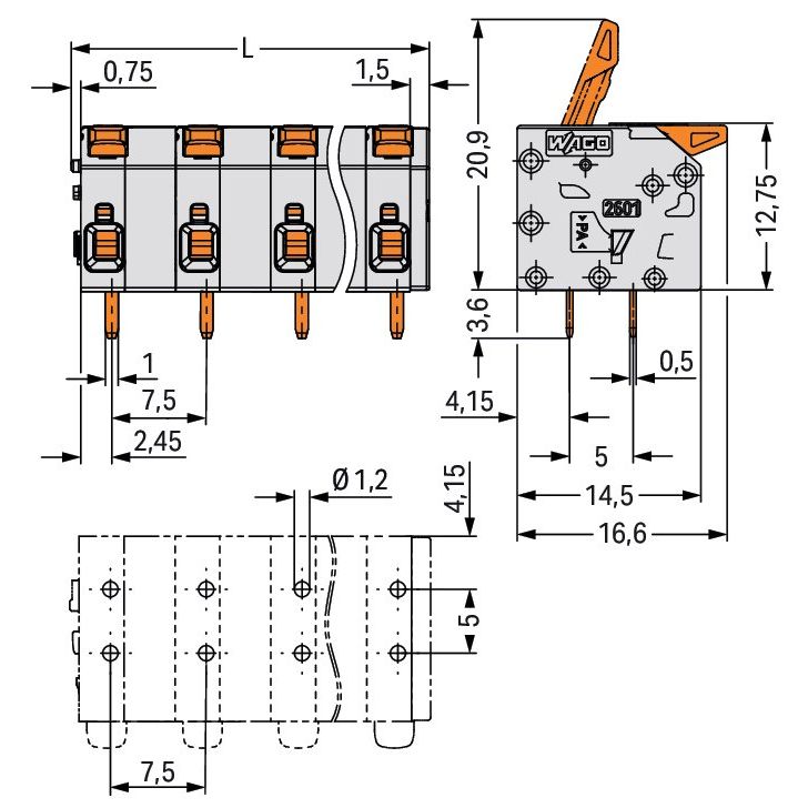 WAGO - Leiterplattenklemme 2601-1306 1,5mm²,gr − 40 Stück