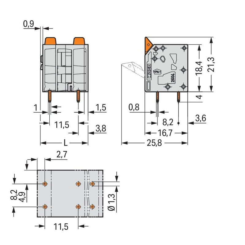 WAGO - Leiterplattenklemme Hebel 2604-3505 4mm²,grau − 40 Stück