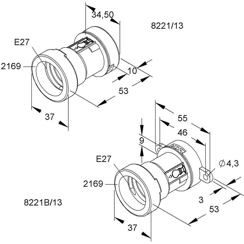 HKL - Lampenfassung Illu-Fassung 8221B/13 E27 IP44 − 25 Stück