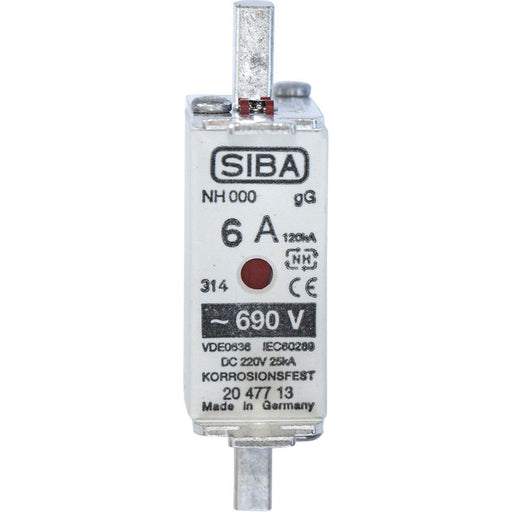 Siba - Messersicherung NH-Sicherungseinsatz 2047713.6 6A NH00 gG 690V − 3 Stück