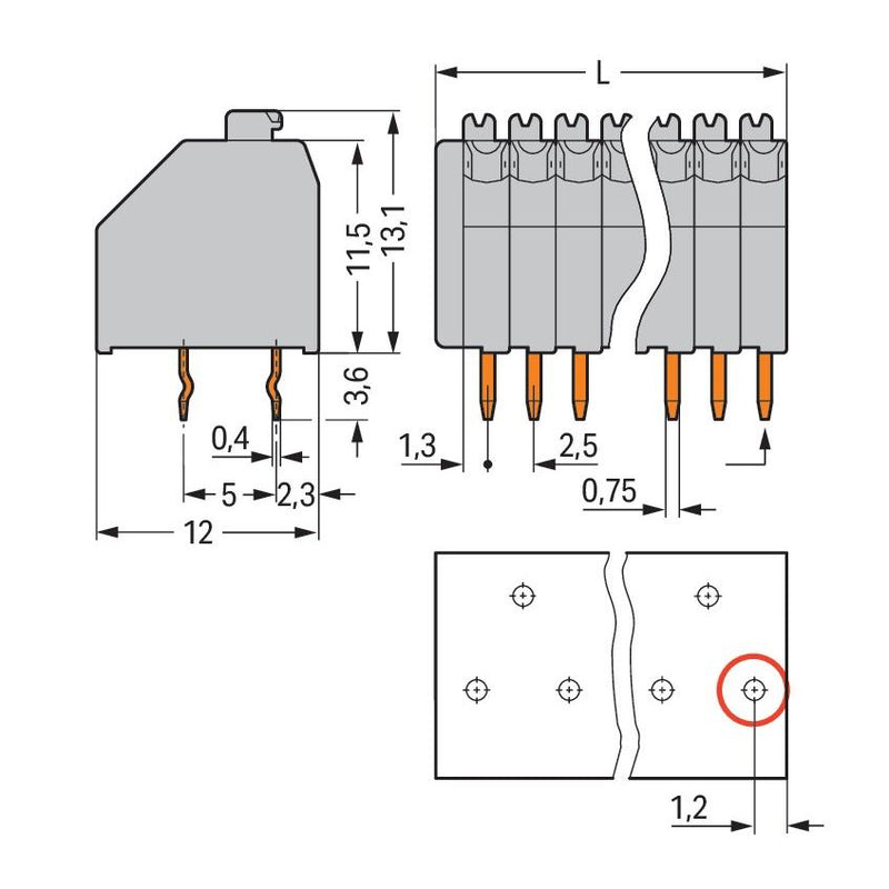 WAGO - Leiterplattenklemme 250-421 Drücker,0,5mm²,grau − 20 Stück