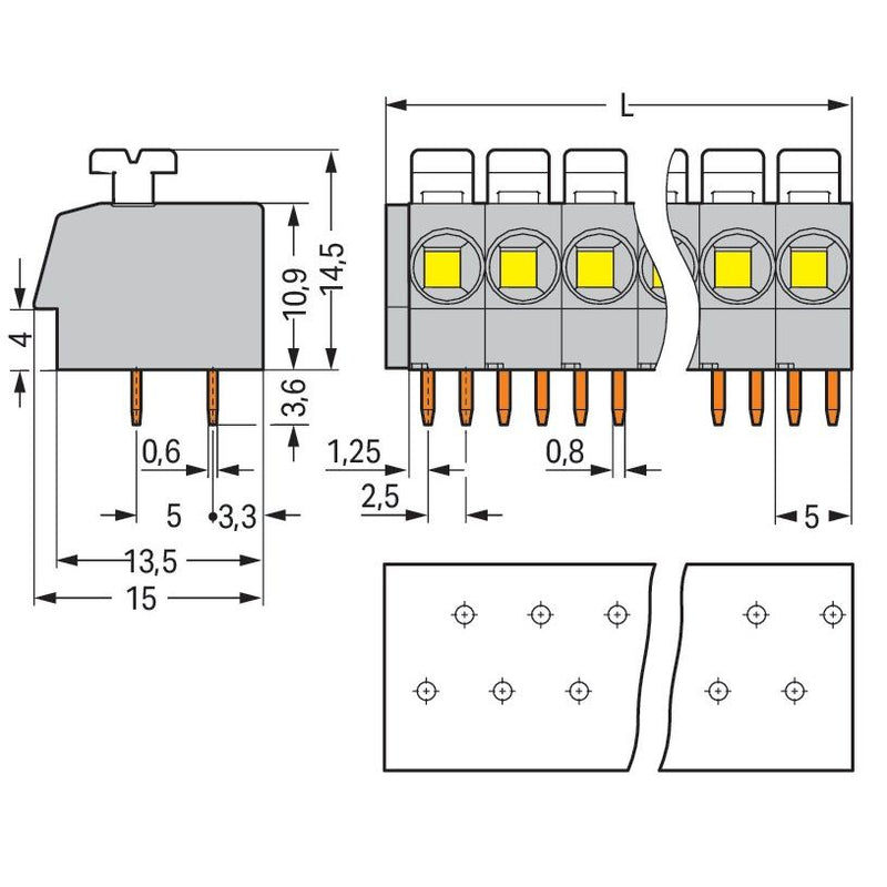 WAGO - Leiterplattenklemme 804-115 Drücker,2,5 mm²,grau − 15 Stück