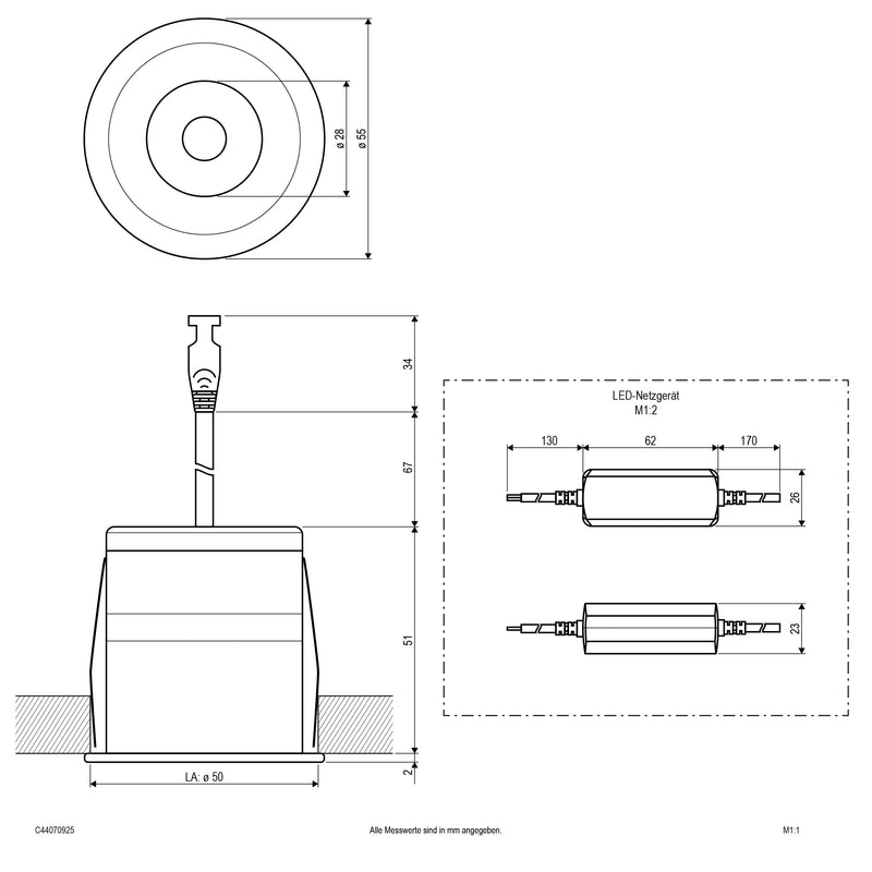 EVN Lichttechnik - Downlight/Strahler/Flutlicht LED Downlight mit Netzteil C44070925 dimmbar, IP44
