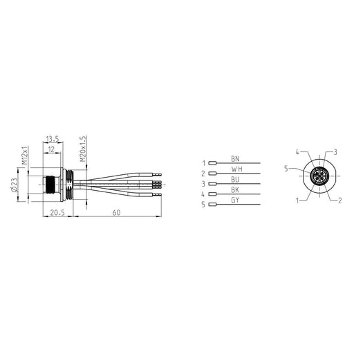 Bernstein - Rundsteckverbinder, Einbau (mit Leitung) Einbaustecker STECKER 5PM12M20ACOD 0,8m Kabel 5-polig