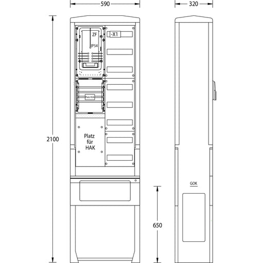uesa - Zähler-Komplettschrank Zähleranschlußsäule ZAS-S-1-1VF Mitnetz 2100x590x320mm