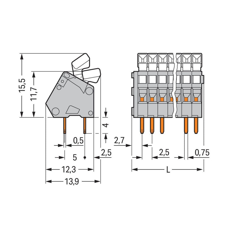WAGO - Leiterplattenklemme 233-206 Drücker,0,5mm²,grau − 70 Stück