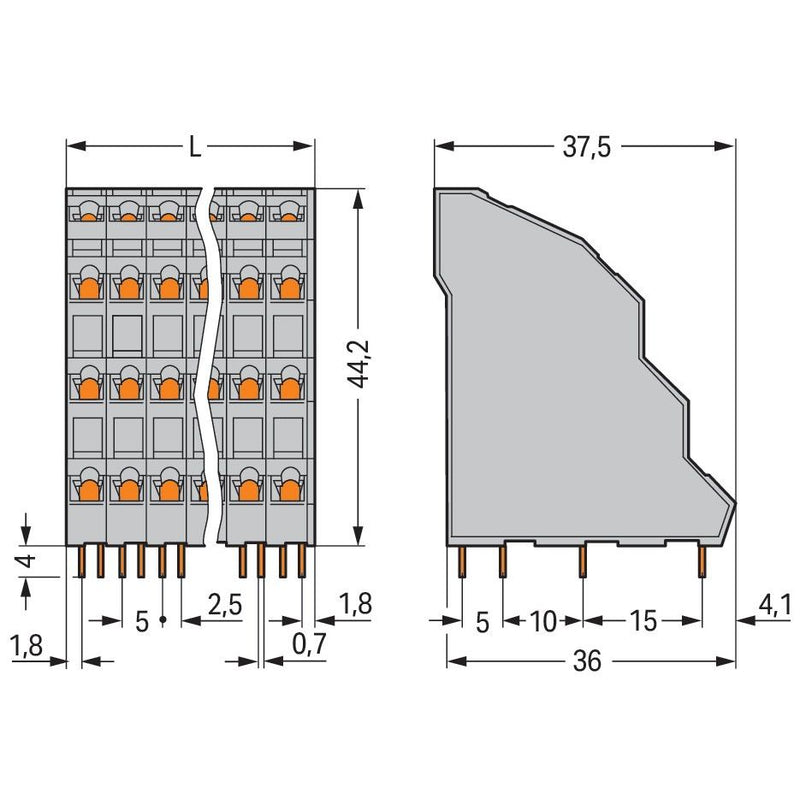 WAGO - Leiterplattenklemme Vierstock-Leiterplattenkl. 738-203 2,5mm² − 48 Stück