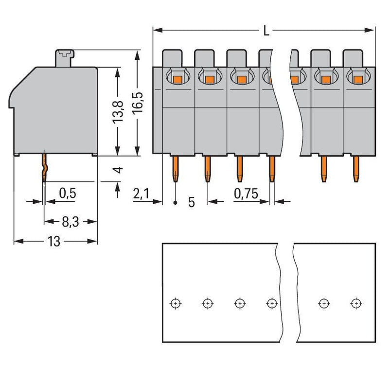 WAGO - Leiterplattenklemme 250-507 Drücker,1,5mm²,grau − 30 Stück