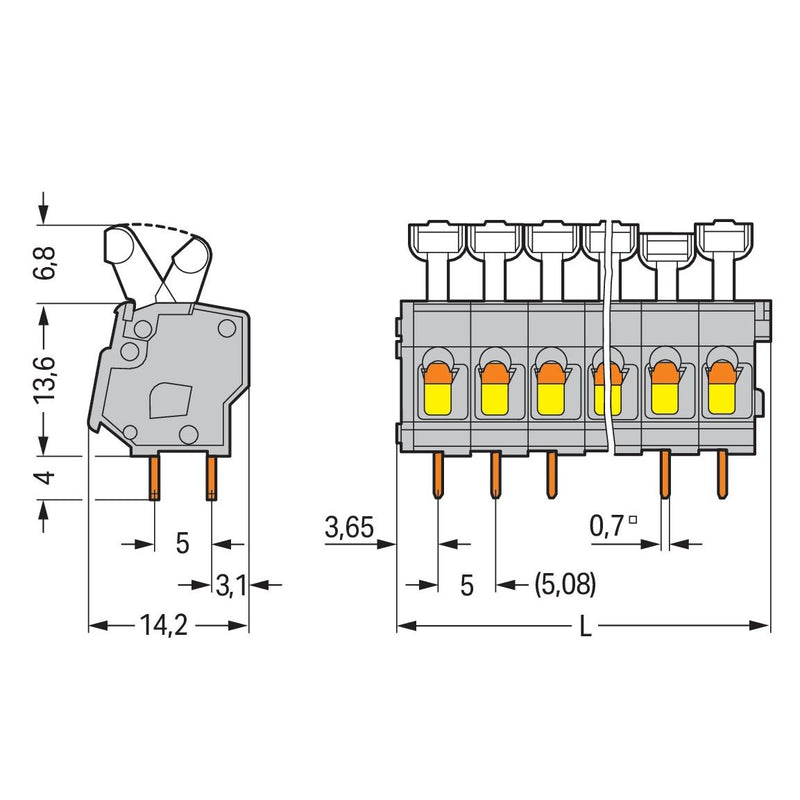 WAGO - Leiterplattenklemme 257-436 Drücker,2,5 mm²,grau − 5 Stück