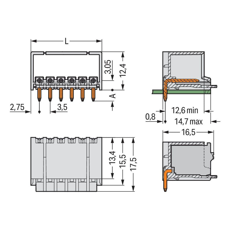 WAGO - Leiterplattensteckverbinder THT-Stiftleiste Lötstift 2091-1424 1,0mm,abgew.,llgr − 200 Stück