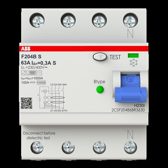 ABB Stotz S&J - Fehlerstrom-Schutzschalter FI-Schutzschalter F204BS-63/0,3-4TE TypB 4P,63A,300mA