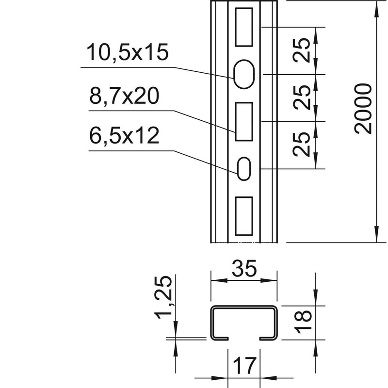 OBO Bettermann - Stiel/Profilschiene Profilschiene CML3518P2000FT gelocht, SW 16,5mm − 2 Meter