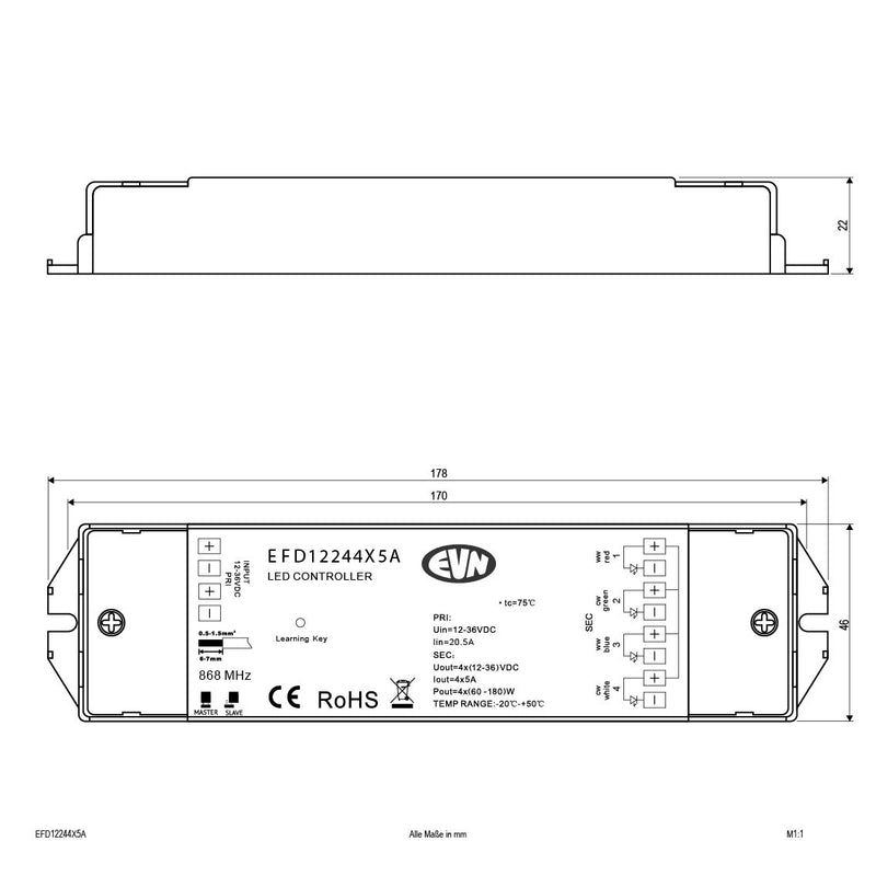 EVN Lichttechnik - Steuergerät für Leuchten LED-Funk-Steuerung EFD12244X5A 868MHz 240-720W