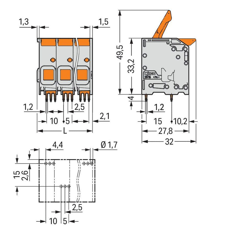 WAGO - Leiterplattenklemme 2616-1102/020-006 16mm²,bl − 50 Stück