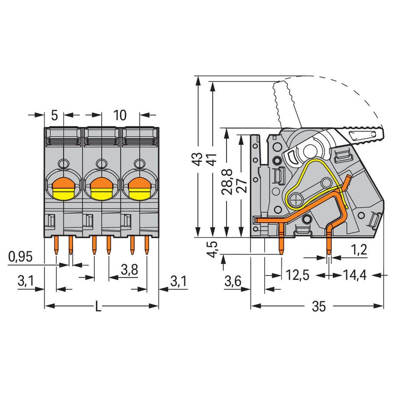 WAGO - Leiterplattenklemme Hebel 2716-155 16mm²,grau − 20 Stück