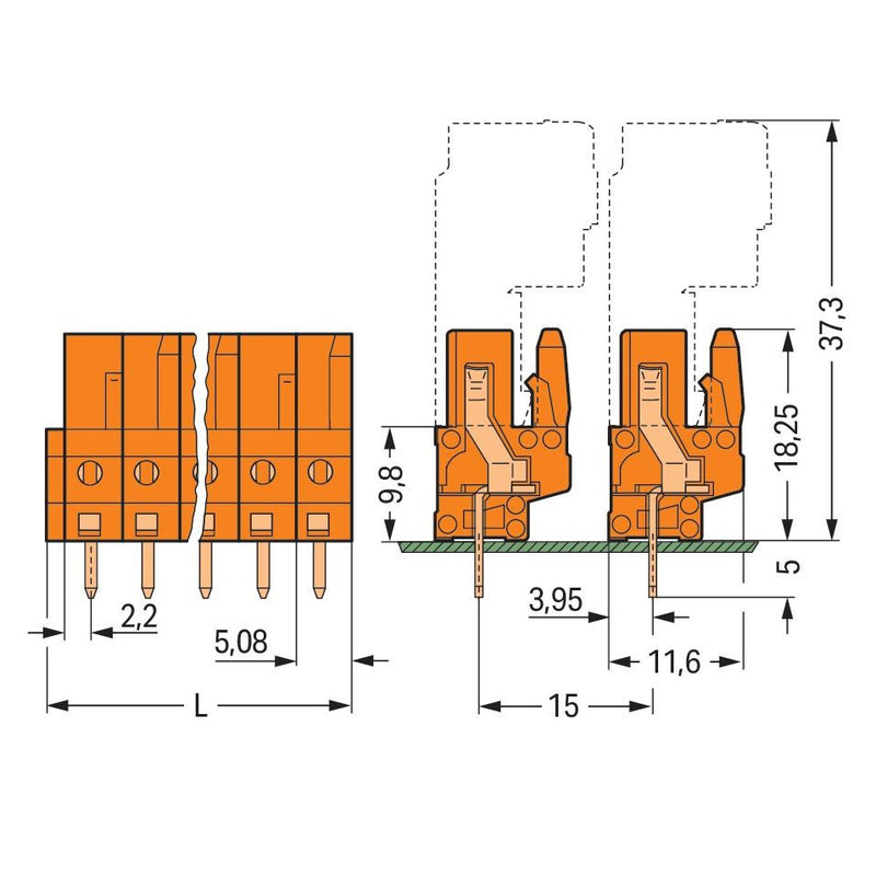 WAGO - Leiterplattensteckverbinder THT-Federleiste gerade 232-170 Maß 5,08mm,orange − 50 Stück