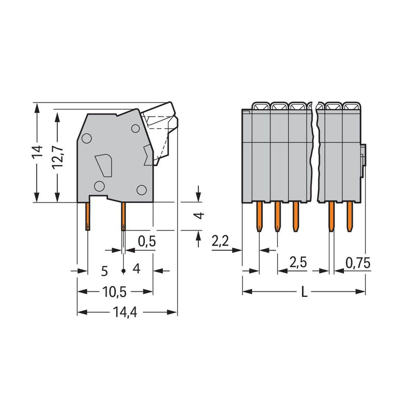 WAGO - Leiterplattenklemme 234-203 Drücker,0,5mm²,grau − 130 Stück