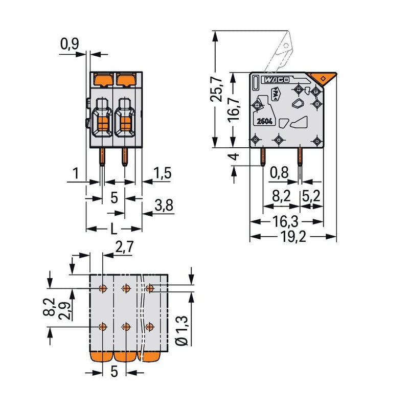 WAGO - Leiterplattenklemme Hebel 2604-1105 4mm²,grau − 80 Stück