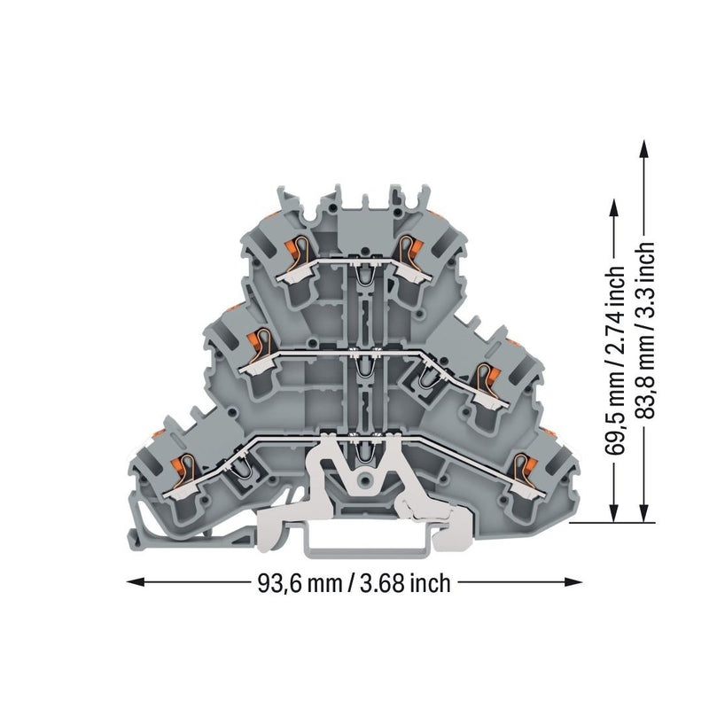 WAGO - Schutzleiter-Reihenklemme Dreistockklemme 2202-3228 2,5 qmm, grau − 50 Stück