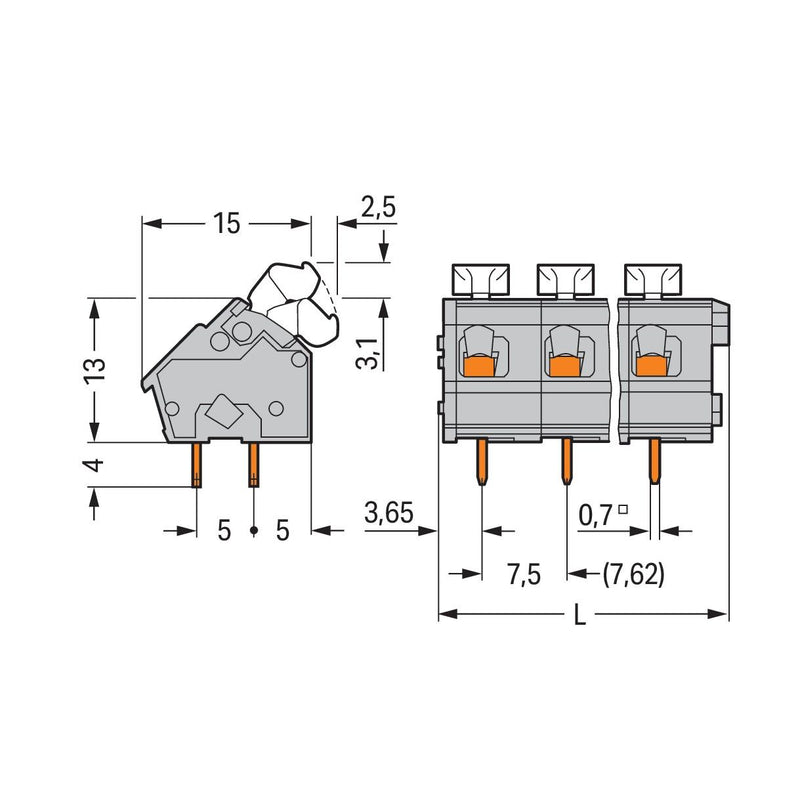 WAGO - Leiterplattenklemme 256-509/334-000 Drücker,2,5 mm²,grau − 15 Stück