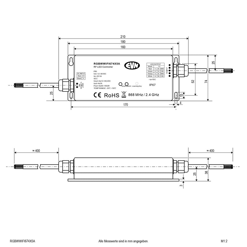 EVN Lichttechnik - Steuergerät für Leuchten WiFi-Steuerung RGBWWIFI674X5A 12-36V/DC, 240-720W