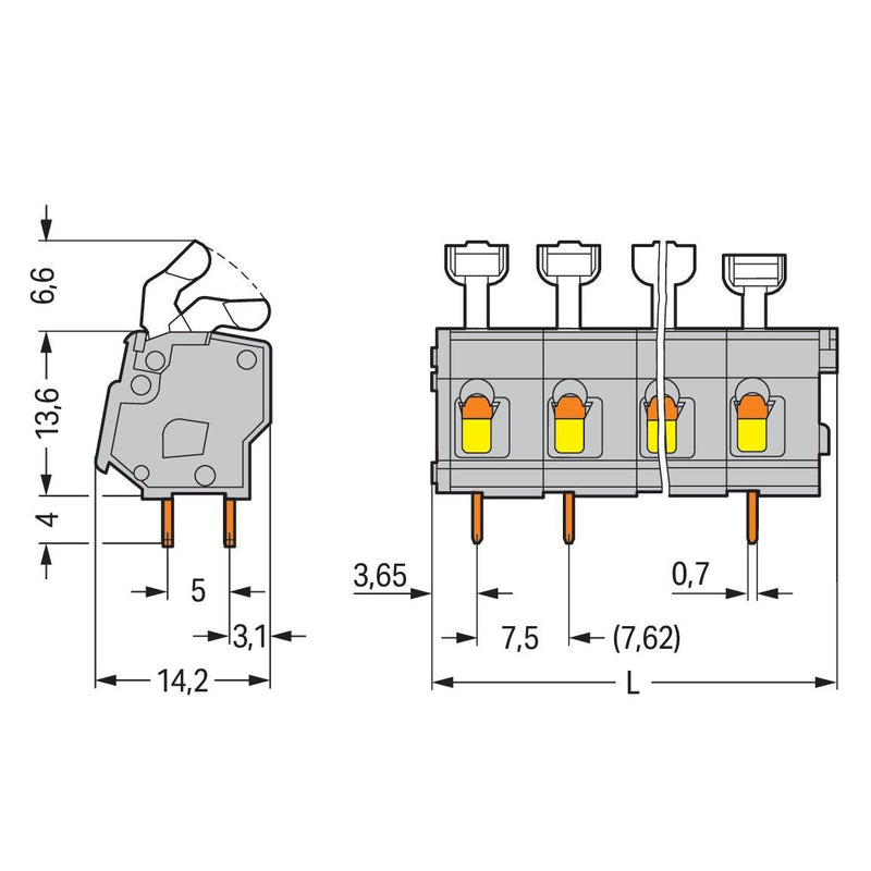 WAGO - Leiterplattenklemme 257-552 Drücker,2,5 mm²,grau − 70 Stück
