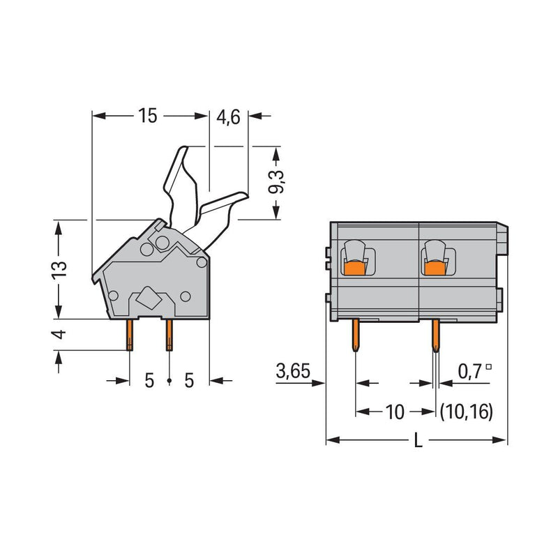WAGO - Leiterplattenklemme 256-602/333-000 Drücker,2,5 mm²,grau − 50 Stück