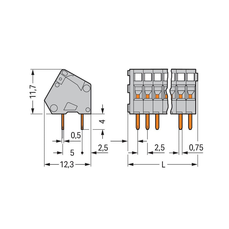 WAGO - Leiterplattenklemme 233-106 0,5mm² − 70 Stück