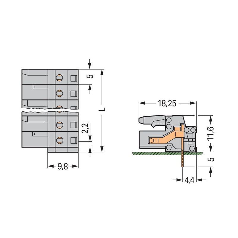 WAGO - Leiterplattensteckverbinder THT-Federleiste abgewink. 232-252 Rastermaß 5mm,grau − 10 Stück