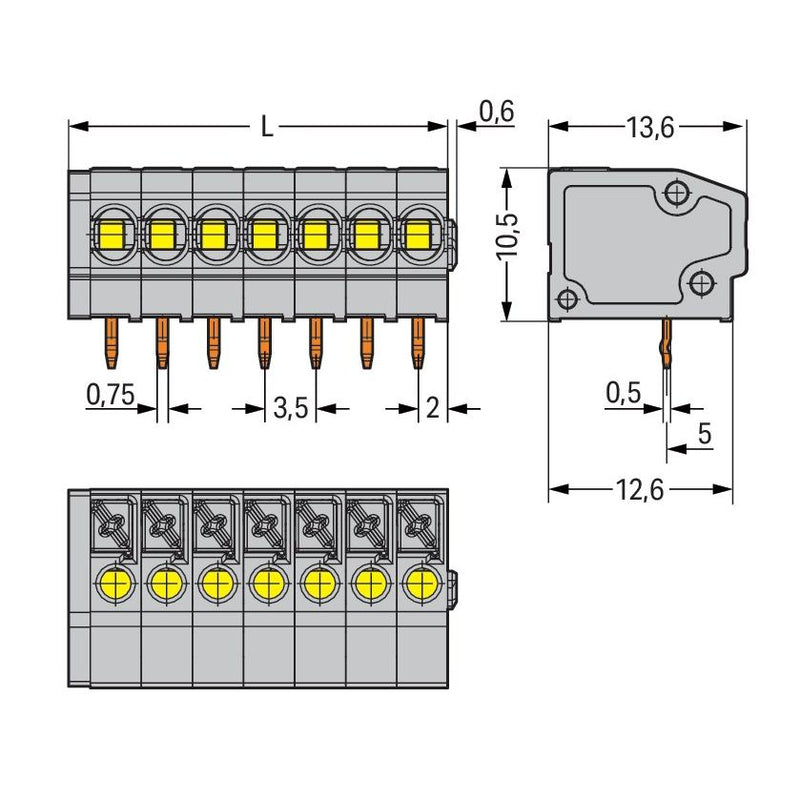 WAGO - Leiterplattenklemme 805-157 Drücker,1,5mm²,grau − 45 Stück