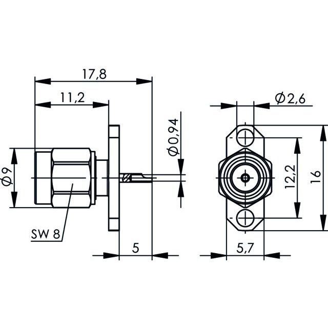 Telegärtner - Koax-Steckverbinder SMA-Flanschstecker 2-Loch 100024627 AU − 5 Stück