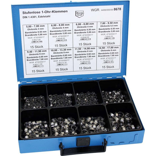 Dresselhaus - Sortimentskasten Befestigungmaterial 1-Ohr-Klemme 4499/000/06 8678 stufenl., Edelstahl
