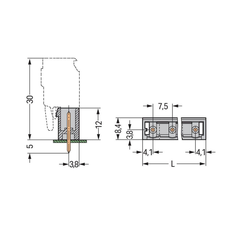 WAGO - Leiterplattensteckverbinder THT-Stiftleiste Lötstift 231-272/001-000 1,2x1,2,gerade,grau − 50 Stück