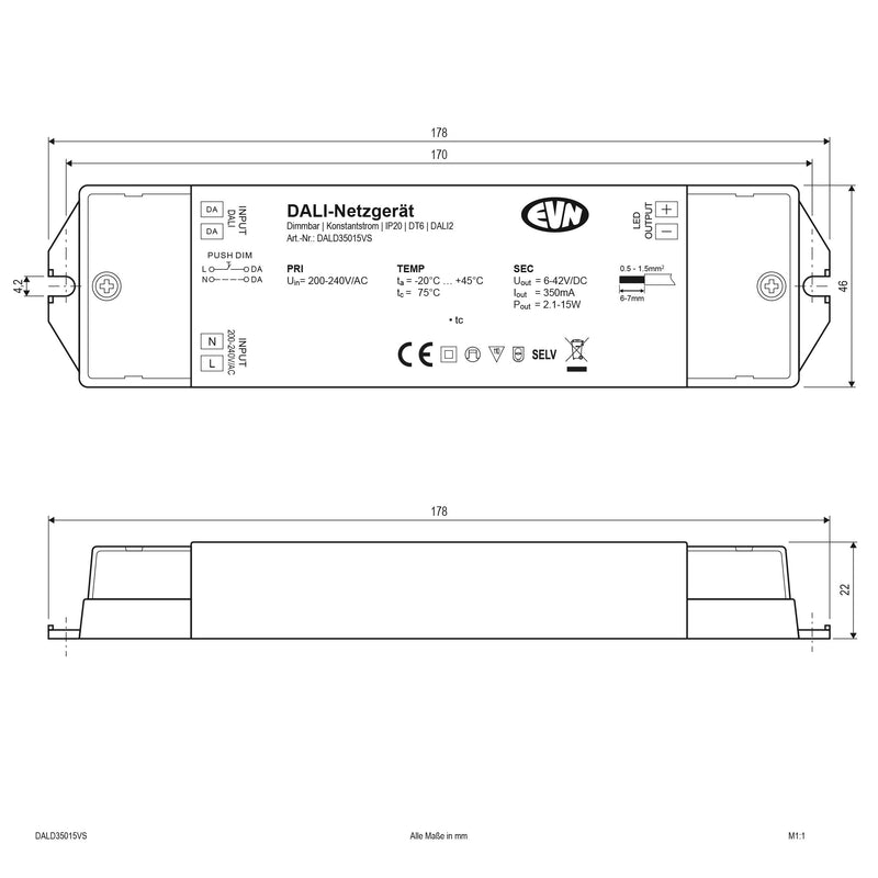 EVN Lichttechnik - Steuergerät für Leuchten DALI-LED-Steuerung DALD35015VS 350mA m.NG230V