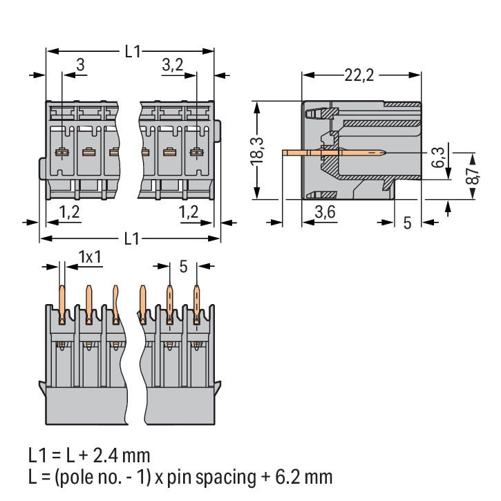 WAGO - Leiterplattensteckverbinder THT-Stiftleiste Lötstift 769-645 1,0x1,0,gerade,grau − 25 Stück
