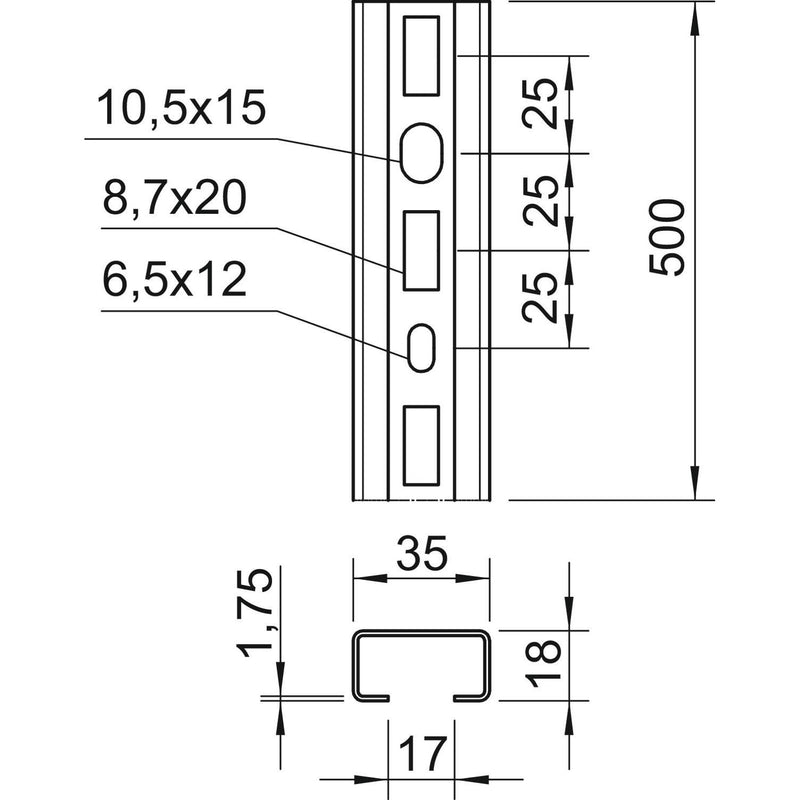 OBO Bettermann - Stiel/Profilschiene Profilschiene CMS3518P0500FS gelocht − 10 Stück