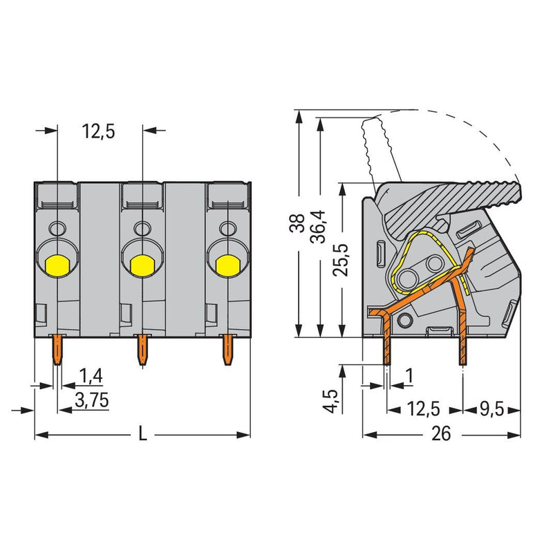 WAGO - Leiterplattenklemme Hebel 2706-311 6mm²,grau − 5 Stück