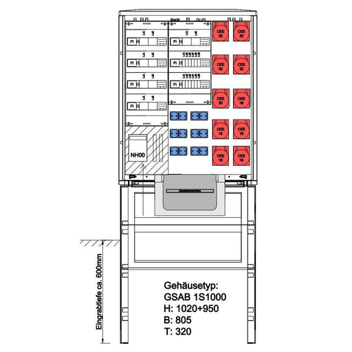 GSAB Elektrotechnik - Anschlussschrank Festplatzverteiler 1S1000FP53251612S HxBxT:1000x805x320