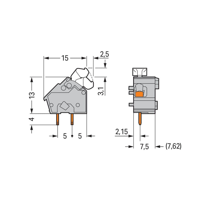 WAGO - Leiterplattenklemme Anreihbare Leiterplattenk. 256-852 Drücker,2,5mm²,dgr − 100 Stück