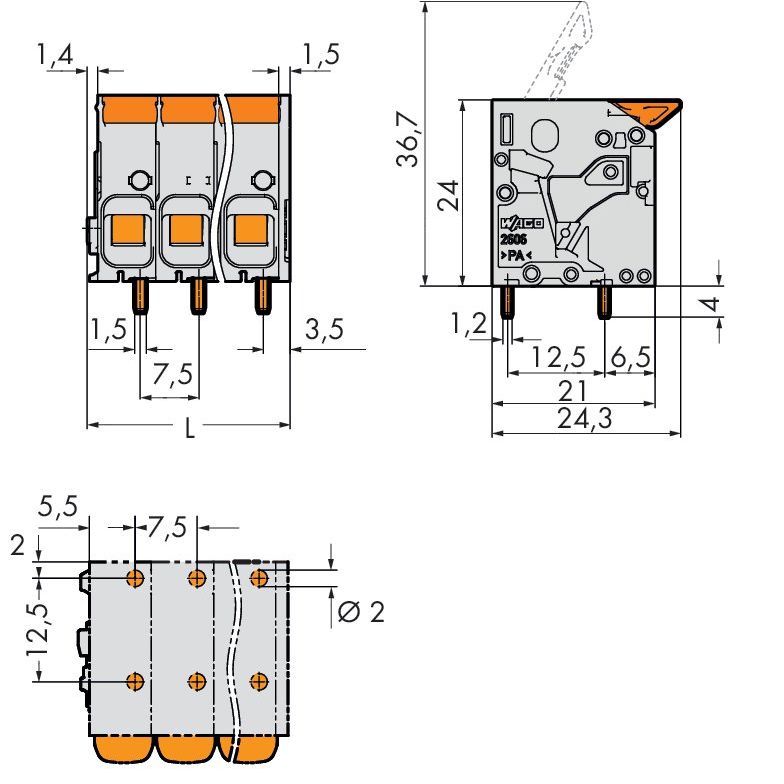 WAGO - Leiterplattenklemme 2606-1103 6mm²,gr − 80 Stück