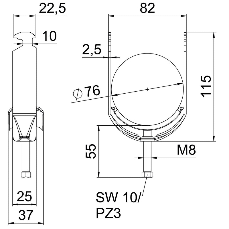 OBO Bettermann - Bügelschelle BS-H1-M-76 A4 70-76mm − 25 Stück