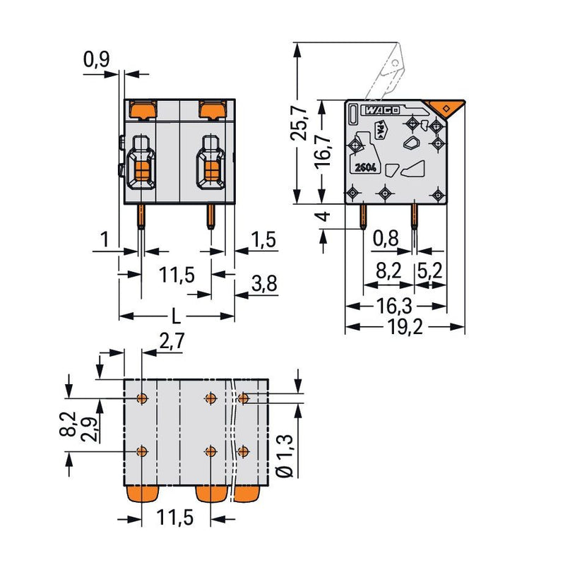 WAGO - Leiterplattenklemme Hebel 2604-1503 4mm²,grau − 70 Stück