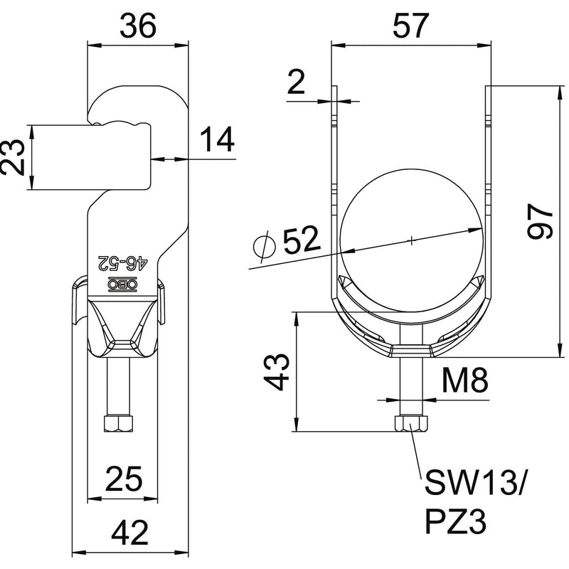 OBO Bettermann - Bügelschelle BS-RS1-M-52 FT 46-52mm − 100 Stück