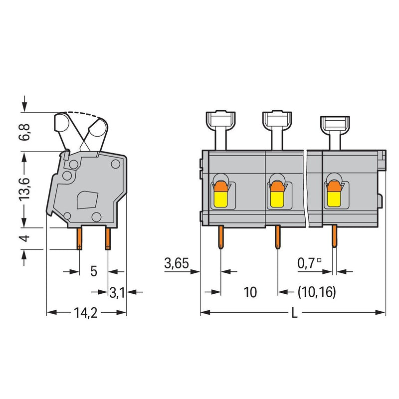 WAGO - Leiterplattenklemme 257-606 Drücker,2,5 mm²,grau − 20 Stück