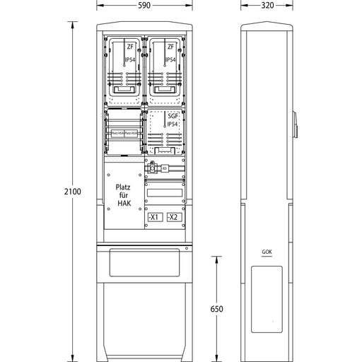 uesa - Zähler-Komplettschrank Zähleranschlußsäule ZAS-S-2-TSG Mitnetz 2100x590x320mm