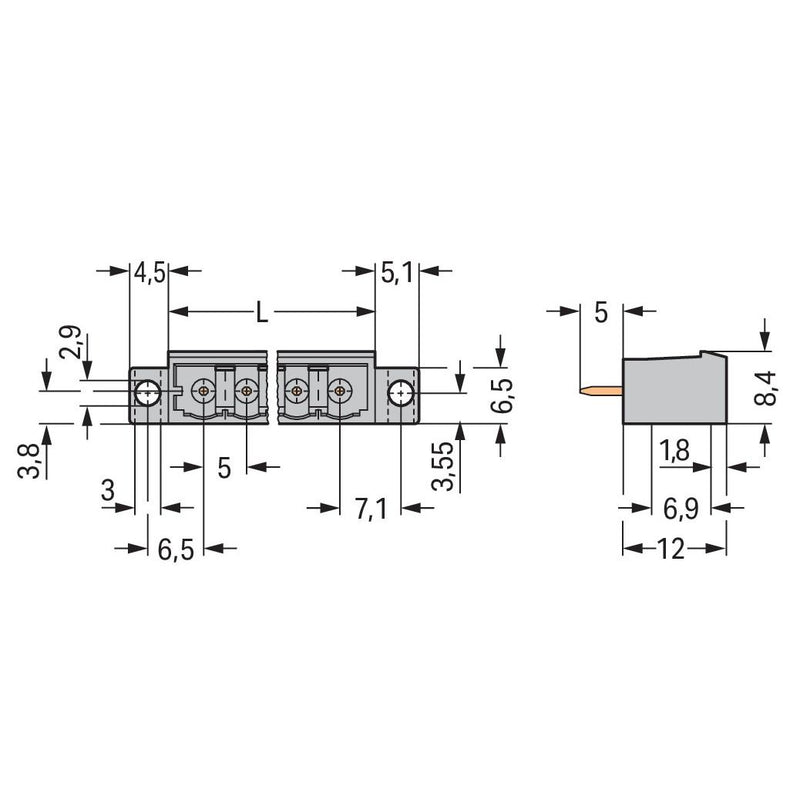 WAGO - Leiterplattensteckverbinder THT-Stiftleiste Lötstift 231-165/040-000 1,2x1,2,gerade,grau − 100 Stück