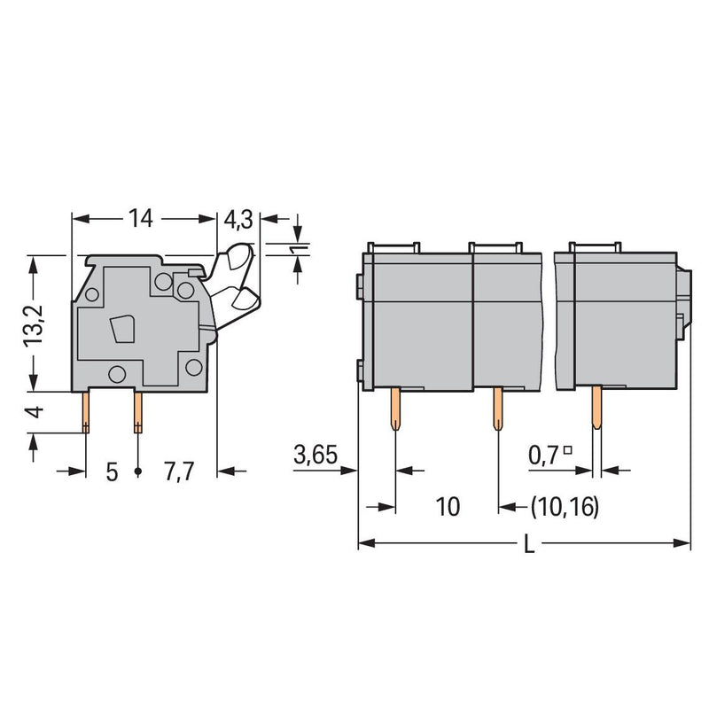 WAGO - Leiterplattenklemme 255-607 Drücker,2,5 mm²,grau − 15 Stück