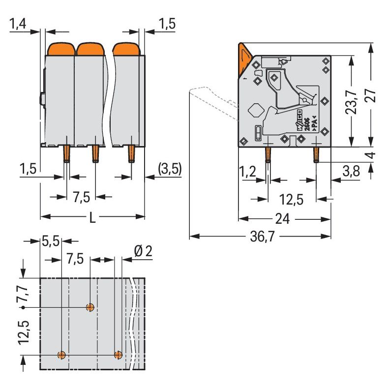 WAGO - Leiterplattenklemme 2606-3103/010-000 6mm²,gr − 80 Stück