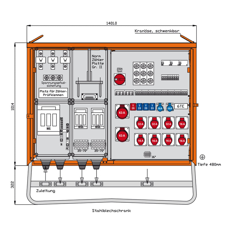 Walther Werke - Baustromverteiler Anschlussverteilerschrank DEM250-W 173kVA, 20 LS